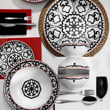 Serviciu de masa, 24 piese,  Portelan, Alb - Negru - Negru