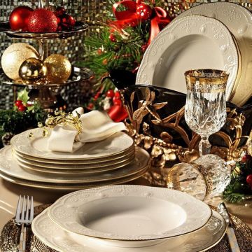 Serviciu de masa, 24 piese,  Portelan, Crem - Auriu - Bej