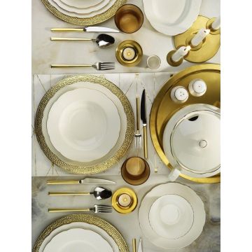 Serviciu de masa, 71 piese,  Portelan Alb - Auriu - Multicolor