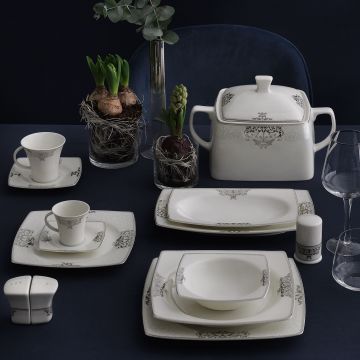 Serviciu de masă 85 bucăți GBSCR85KYT84056861, Alb - Argintiu - Negru, 26x26 cm - Alb - Argintiu - Negru