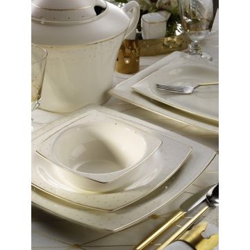 Set de veselă pătrată din platină 62 buc pentru 12 persoane, Alb - Alb