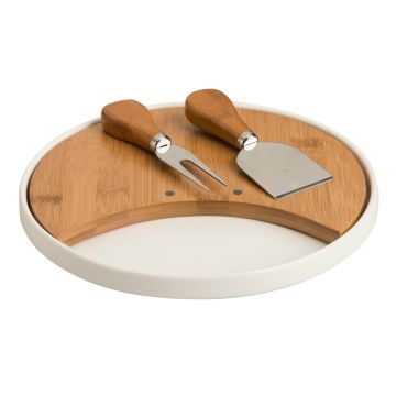 Set 2 ustensile pentru branzeturi, tocator si platou, Brandani, Ø23 cm, bambus/portelan
