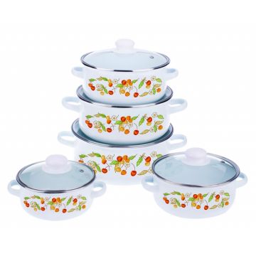 Set de gatit 10 piese, Cereiza, Vanora Home, 1l, 1.5l, 2l, 3l, 4l, otel carbon emailat si sticla, multicolor