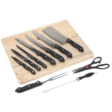 Set tocator si accesorii pentru tocat, 11 piese, inox/lemn, negru/bej