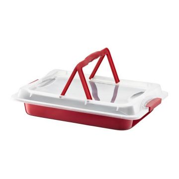 Tava pentru prajituri cu capac Cherry, Ambition, 42x29 cm, otel carbon, rosu