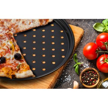Tava perforata pentru pizza Vanora, Ø28 cm, otel carbon, negru