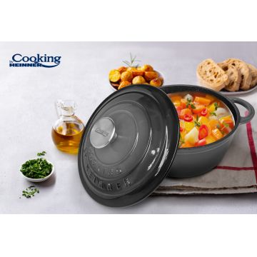 Semioala cu capac Marble, Cooking by Heinner, 24x11.5 cm, 4L, fonta emailata, gri