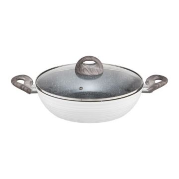 Tigaie adanca cu capac Wavy, Ambition, 28 cm, invelis Qualum Basic Stone Edition, aluminiu forjat, alb