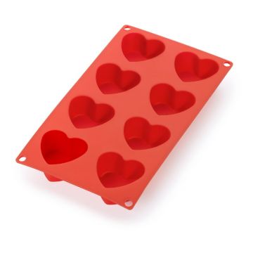 Formă din silicon pentru 8 mini prăjituri în formă de inimă Lékué, roșu