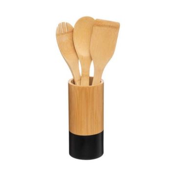 Set 3 ustensile de bucatarie si suport Bamboo, 5five, 8.7 x 33 cm, bambus, natural/negru