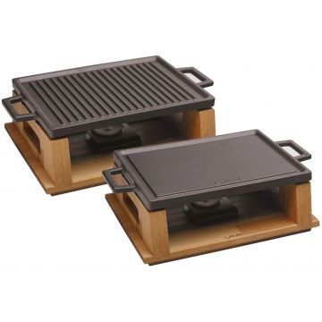 Tava grill din fonta emailata Paderno Cast Iron cu suport de lemn 22x30cm
