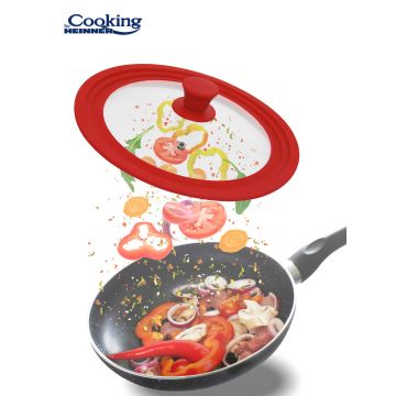 Capac cu margine ajustabila Cooking by Heinner, Ø28 cm/Ø30 cm/Ø32 cm, sticla/silicon, rosu
