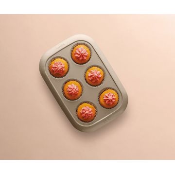 Tava de copt pentru 6 briose BergHOFF, Leo Balance, 29 x 20 x 3 cm, Ø6.5 cm, otel carbon, invelis antiaderent, bej