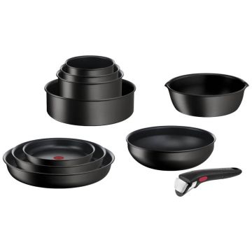 Set 13 piese Tefal Ingenio L7639002, Tigaie 22cm/26cm/28cm, Cratita 16cm/20cm/24cm, Capac sticla 16cm/20cm/24cm, Capac ermetic 16cm/20cm, Wok 26cm, 2 manere, Negru