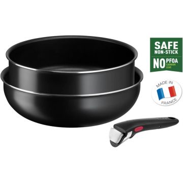 Set 3 piese TEFAL Easy Cook Clean L1539153, 3 piese, 24-26cm, Maner detasabil, Invelis antiaderent, Aluminiu, Negru