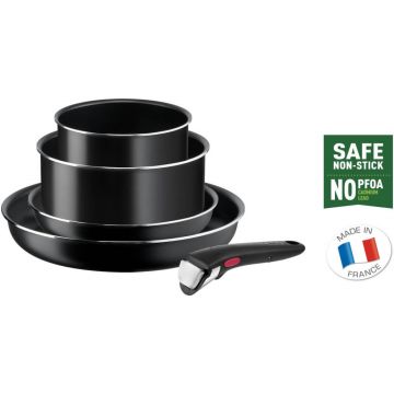 Set 5 piese TEFAL Easy Cook & Clean Starter Kit L1539543, Dimensiuni 16-28cm, Invelis antiaderent, Maner detasabil, Aluminiu, Negru
